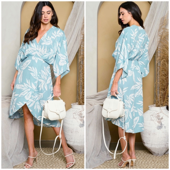 LAST 1❗️Light Blue Tropical Print Kimono Midi Dress - Picture 4 of 4